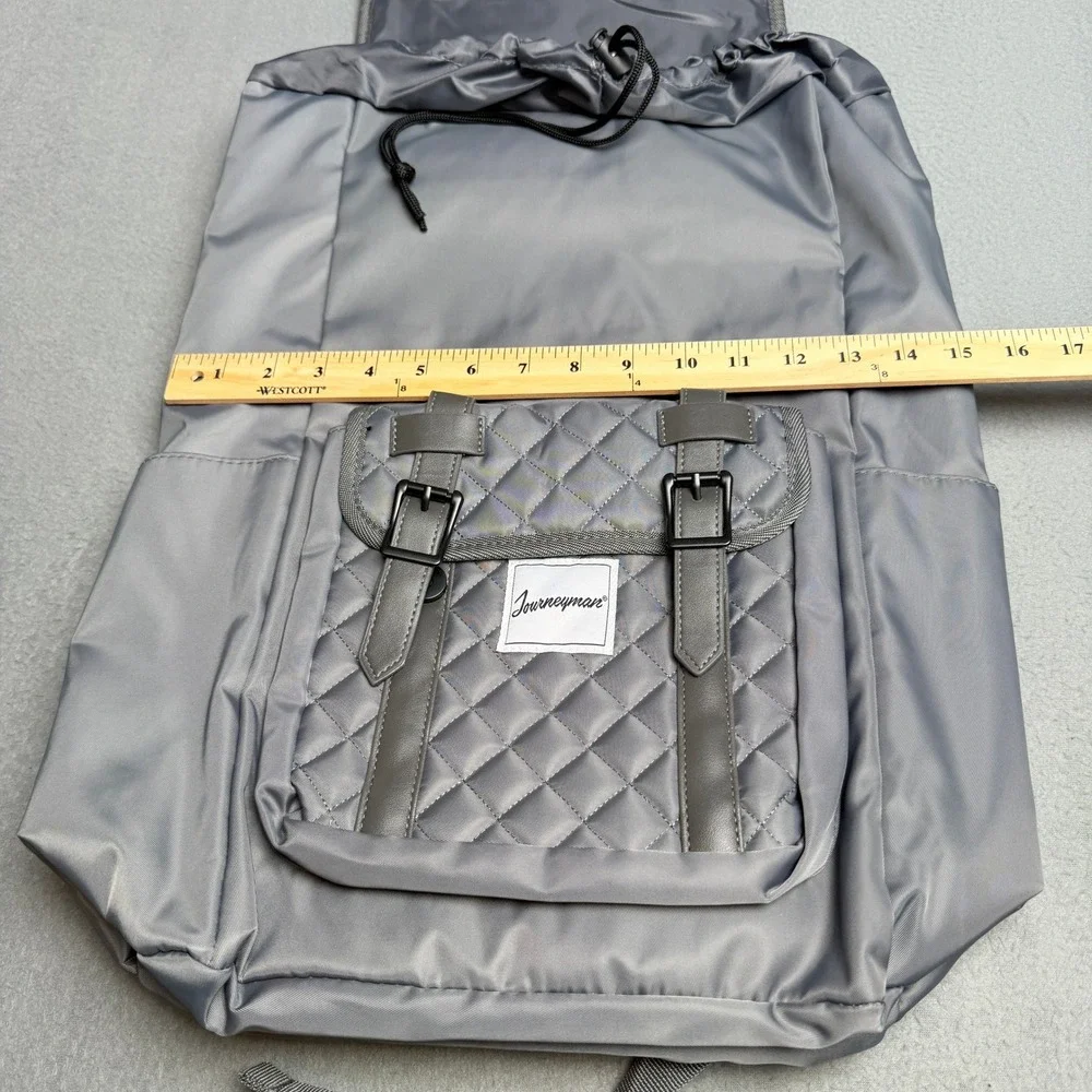 Journeyman Gray Quilted Nylon Drawstring Backpack Magnetic Buckle Straps Travel